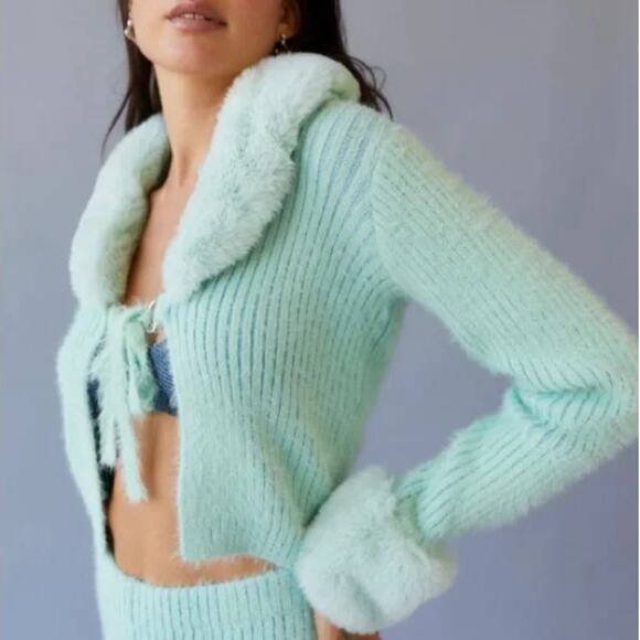 The Ragged Priest Mint Green Faux Fur Cardigan sweater - Picture 1 of 6